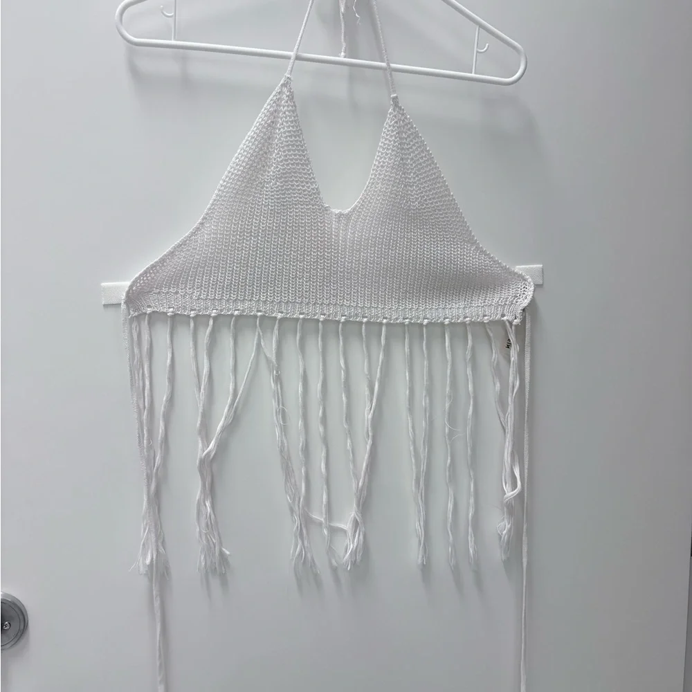 SHEIN Sz L White Fringe Halter Top